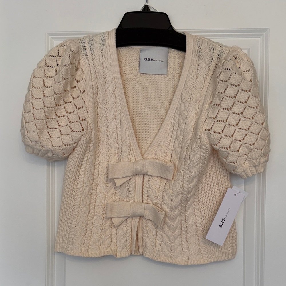 525 America Cream Cable Knit Puff Sleeve Short Cardigan